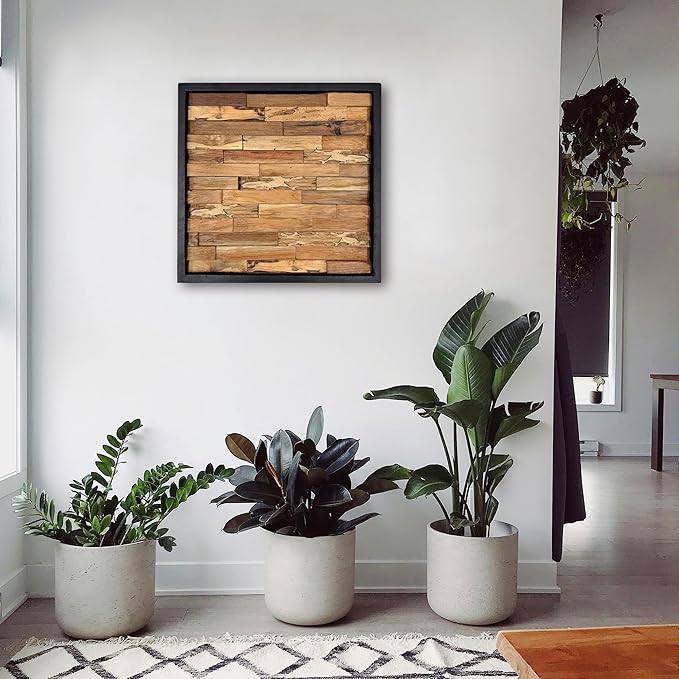 Warmaxx Rustic Teak Wood Framed Wall Décor Aesthetic 17" x 17" Farmhouse Wall Art Christmas Decoration Home Office Dorm Neutral Square Handmade Geometric Wooden Wall Décor Living Room Bedroom Hallway