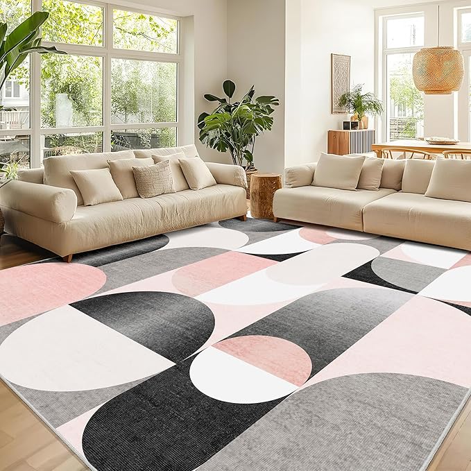 Large Pink Floral Area Rugs 9x12 Washable Rug for Living Room Bedroom Dining Room,Modern Non Slip Carpet,Blush Grey Black