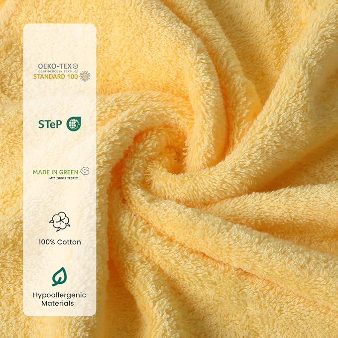 SEMAXE Yellow Bath Towel Set, 100% Cotton Absorbent Bathroom Towels with Hanging Loops, 8 Piece Towel Set Include 2 Bath Towels, 2 Hand Towels, 4 Washcloths