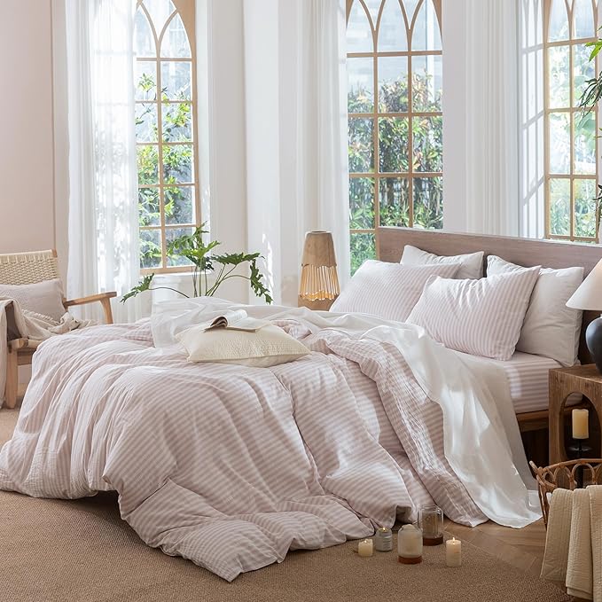 MooMee Striped Duvet Cover Set 100% Washed Cotton Linen Like Textured Breathable Durable Soft Comfy (Heathered Greyish Pink Classic Stripes, Palatial King/Oversized King 120"x98")