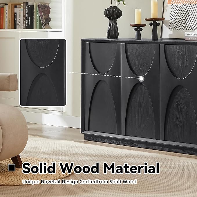 59" Sideboard Buffet Cabinet with Storage, Mid-Century Modern Solid Wood Veneer Buffet Sideboard Accent Credenza with Adjustable Shelves for Living Room Kitchen Hallway (Black)