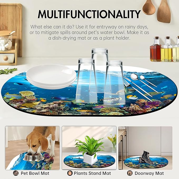 Bathroom Rug Mat Tropical Fish Colorful Coral Oval Bath Mat Doormat Absorbent Quick Dry Non Slip Diatom Mud Mat for Shower Tub Sink Laundry Kitchen Doorway 23.6x15.7 Inches