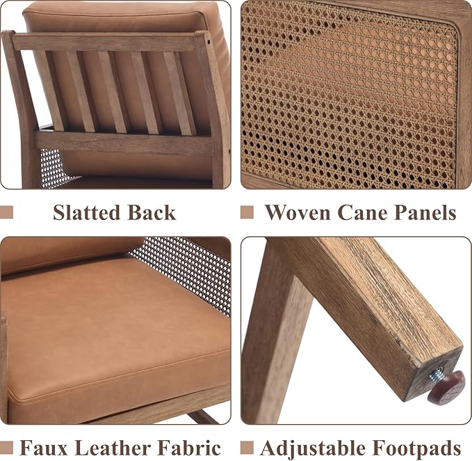 chairus Mid-Century Modern Accent Chair, Comfy Faux Leather Upholstered Armchair with Cane Armrests & Slat Back, Solid Wood Rattan Reading Chair for Living Room Bedroom Guest Room