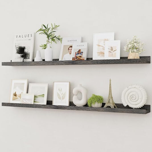 Vivelove Picture Ledge Shelf, Solid Pine Wood Rustic Floating Shelves for Wall, 48 Inch Long Floating Shelves with Lip for Bedroom Kitchen Living Room Nursery Display, Set of 2 (Grey)