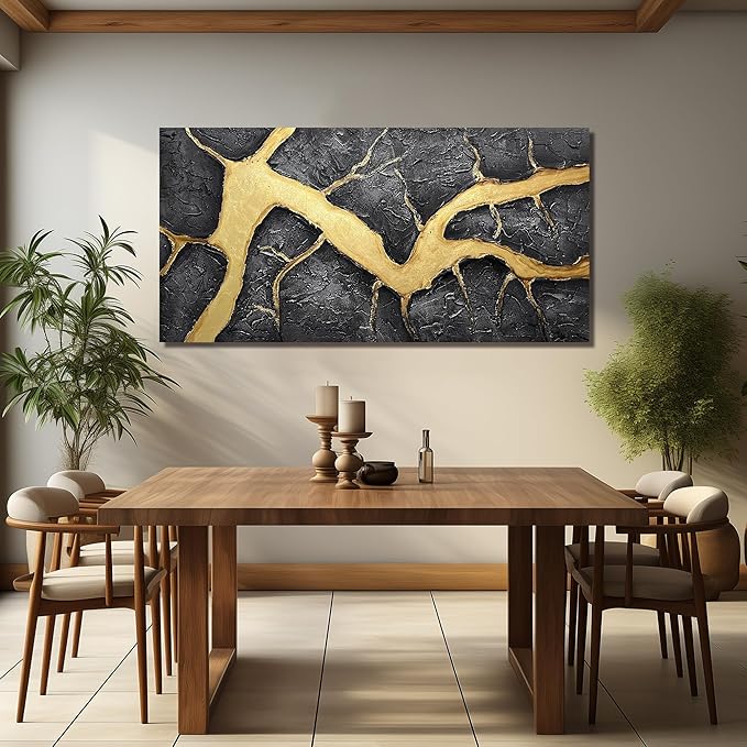 DNIEOTU Hand Painted Abstract Wall Art for Living Room, Black and Gold Canvas Wall-Decor for Bedroom, 3D Textured Paintings for Hallway Office, Large Size 59 x 29 Inches