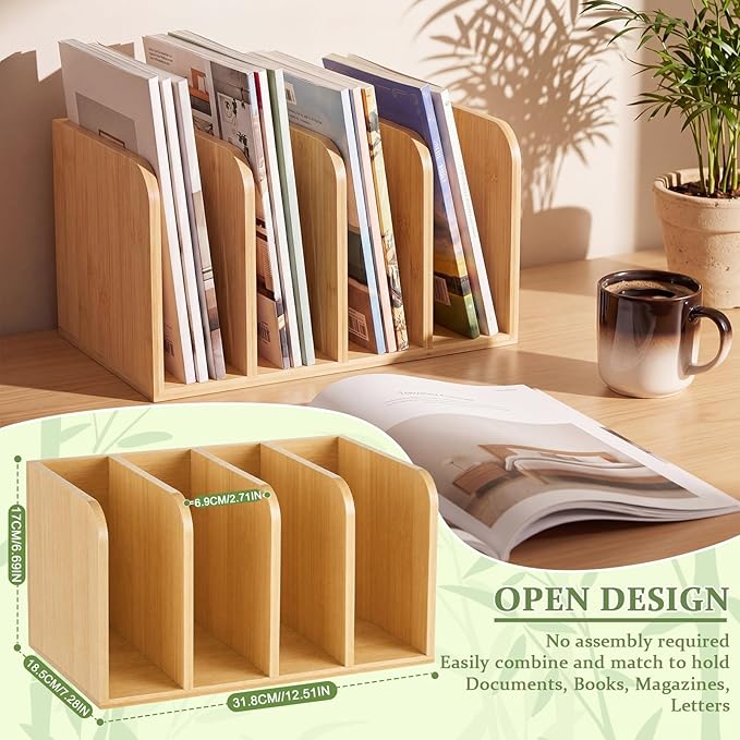 Novabright Bamboo Magazine File Holder Desk Organizer, 4 Vertical Compartments Workspace Sorters for Magazines, Binders, Notebooks, Envelopes