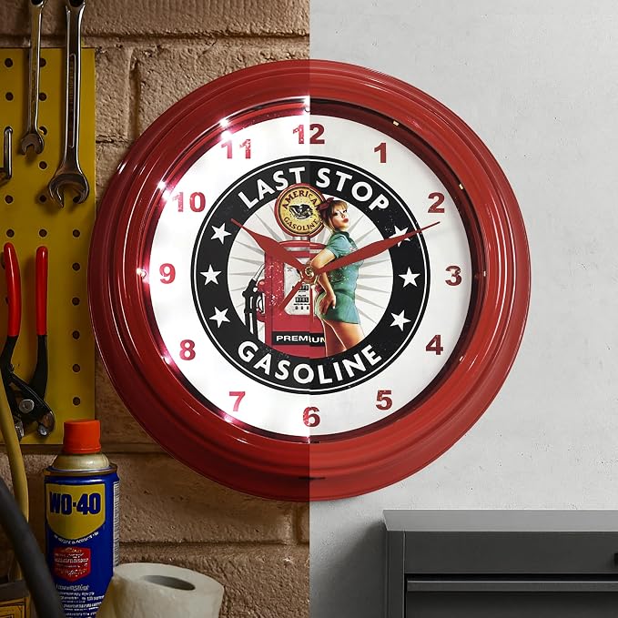 American Art Decor Last Stop Gasoline Pinup Girl LED Clock - 12" Wall Mounted American Gasoline Wall Decor - Wall Clock for Living Room, Dorm, Mancave, Garage, Office, Game Room (Red/White/Black)