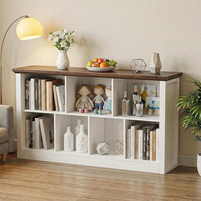 Unikito 7 Cube Storage Book Shelf - 47" Wide Wood Cube Storage Organizer, Wooden 2 Tiers Floor Standing Low Bookcase for Living Room, Bedroom, Home Office, Kids Room, Rustic White and Brown