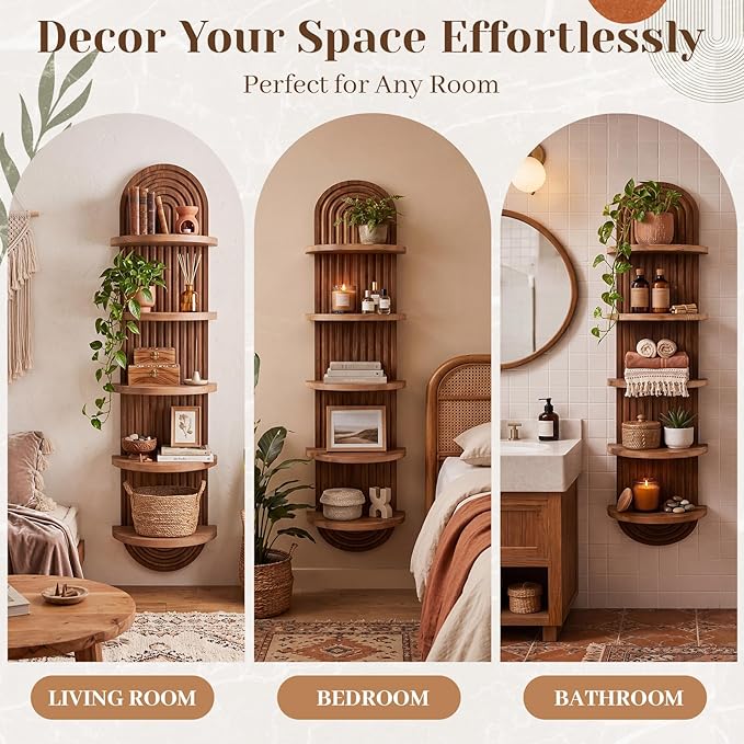 Pinkunn 5 Tier Boho Wall Decor Shelf, 47 Inch Tall Floating Wall Shelf Unit, Pine Wooden Mid Century Arch Decor for Home Bathroom Bedroom Living Room Office Vanity Holding Planter Decoration