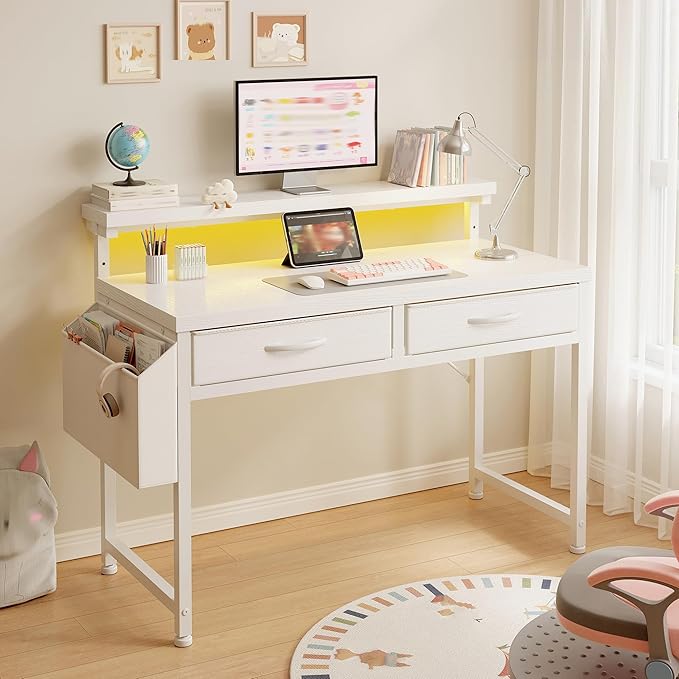 DurayLoly 32" Computer Desk with 2Drawers and Side Pocket for Teenagers,Office Desk with Monitor Stand and LED Lights, Study Writing Table with Anti-Tip Design for Small Spaces,Glacier White