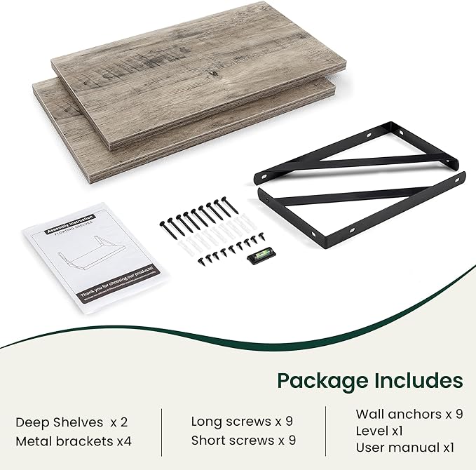 Floating Shelves, 12 Inch Deep Rustic Wood Wall Storage, 24W x 12D Wall Shelves Set of 2, Heavy Duty Metal Brackets, Large Industrial Book Shelf for Living Room, Kitchen, Bedroom, Grey