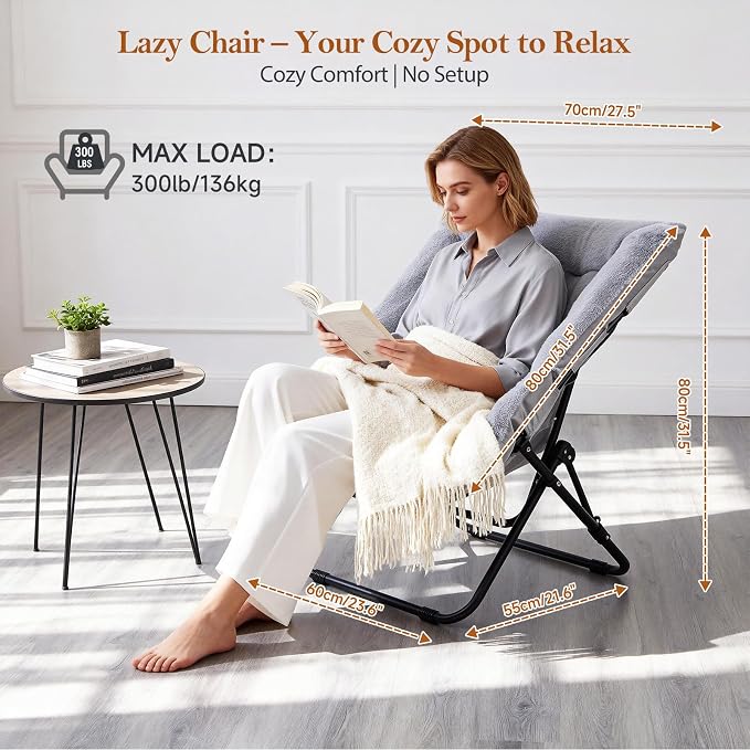 Furlide Comfy Dorm Chair - Oversized Folding Saucer Chair with Soft Faux Fur, Metal Frame, for Bedroom, Living Room, Balcony, Patio, Study, Playroom (Grey)