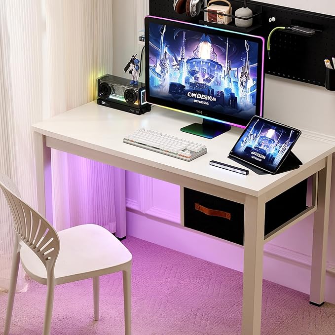 White Computer Desk with Drawer, 47 Inch Home Office Work Desks, Modern Writing Study PC Desk Gaming Table for Small Place Bedroom, Thickened Tabletop and Stable Metal Frame Leg Support