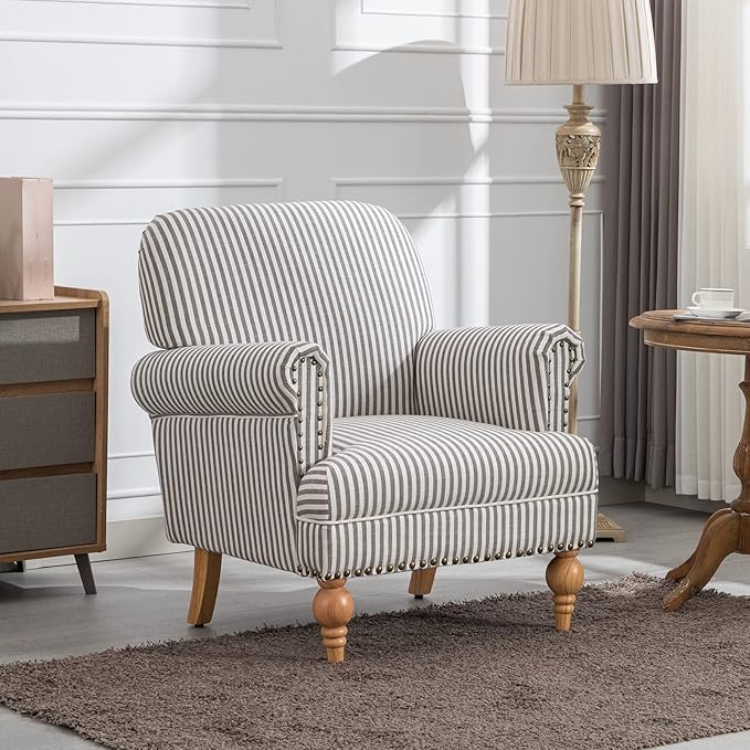 Linen Accent Chair Mid-Century Modern Living Room Armchair with Nailhead Trim & Wood Legs Comfy Upholstered Single Sofa Chair for Lounge/Bedroom/Reception, Black Stripe