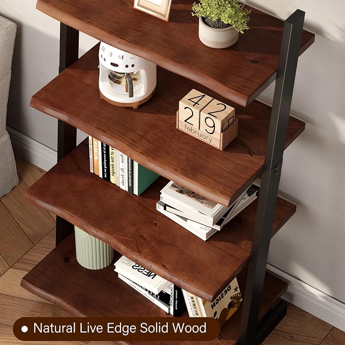 IBF 4-Tier Solid Wood Ladder Bookshelf with Natural Live Edge, Rustic Walnut Storage & Display Leaning Bookcase, Modern Space-Saving Shelf for Living Room, Bedroom, Home Office
