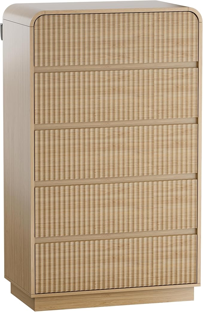 Natural Oak Dresser Fluted Tall 5 Drawer Dresser for Bedroom, Wood Chest of Drawers with Hidden Handles & Rounded Corners, Modern Storage Cabinet and Organizer Drawers for Living Room, Hallway