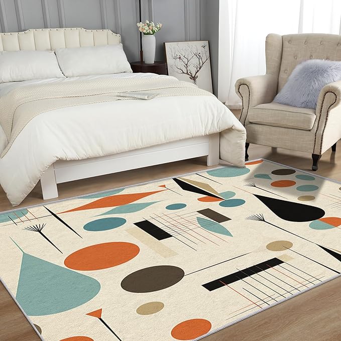 Mid Century Rugs for Living Room 5x8, Retro 50s Geometric Abstract Modern Pattern Design Area Rug, Mid Century Bedroom Decor Carpet, Non Slip, Washable (RG666)