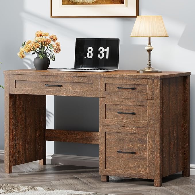 Farmhouse 47" Executive Desk, Computer Desk with File Drawer and Charging Station, Workstation for Home Office, Study.Red-Brown.