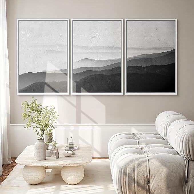 SIGNWIN Framed Canvas Print Wall Art Side of Mountain in Mist Nature Rocky Cozy Neutral Minimalism Contemporary Black and White for Living Room, Bedroom, Office - 24"x36"x3 White