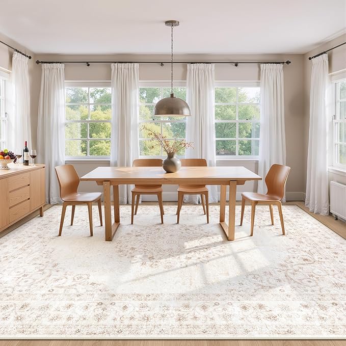 Area Rug 9x12 Vintage Rug: Large Washable Indoor Medallion Rugs Low Pile Distressed Floor Carpet Retro Accent Rug for Living Room Bedroom Kitchen Dining Table Home Office(Distressed Beige, 9'x12')