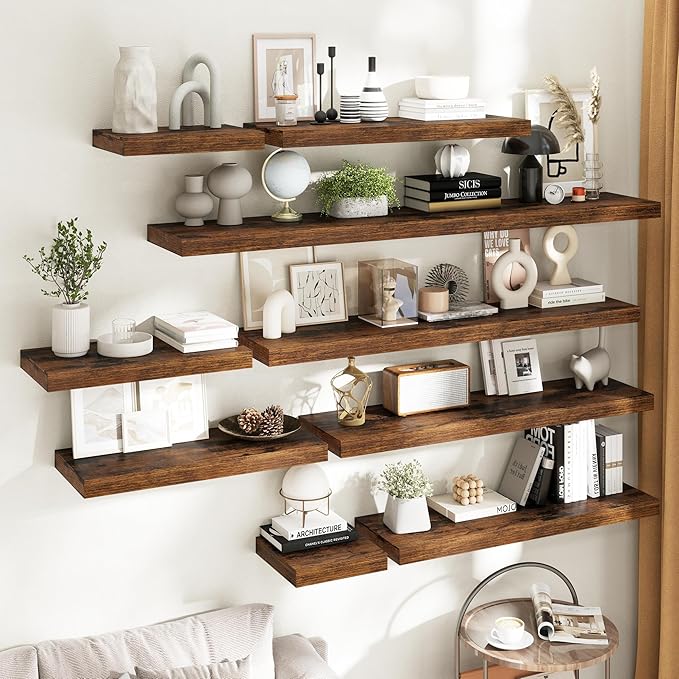 24 Inch Floating Shelves for Wall 2 Pack, 12"D Wood Grain Bathroom Shelves with Invisible Brackets, Easy Install Engineered Wood Storage Shelves for Kitchen, Living Room, Bedroom, Rustic Brown Finish