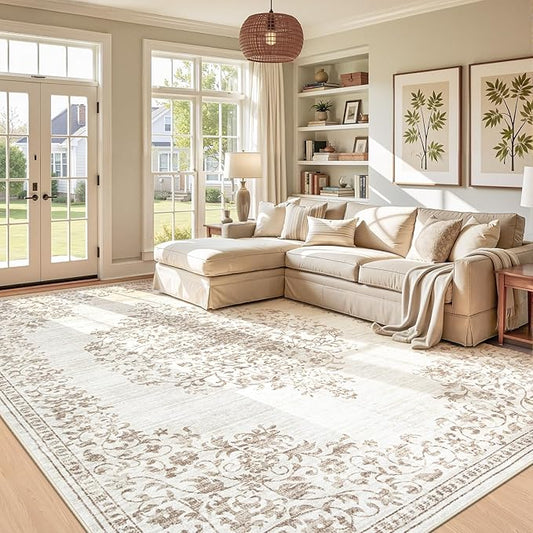 Area Rug 9x12 Vintage Rug: Large Washable Indoor Medallion Rugs Low Pile Distressed Floor Carpet Retro Accent Rug for Living Room Bedroom Kitchen Dining Table Home Office(Vintage Beige, 9'x12')