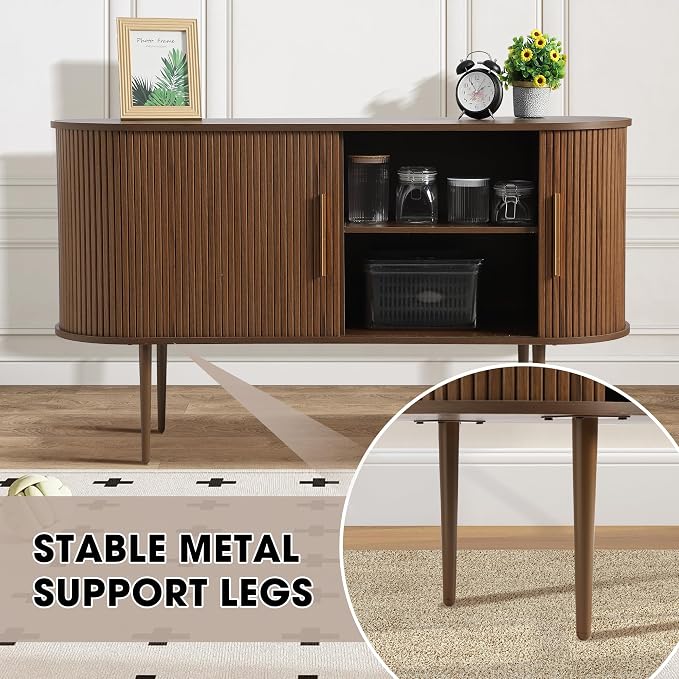 Grepatio Sideboard Buffet Cabinet with Storage, 55" Tambour Credenza Cabinet with Fluted Slide Door and Adjustable Shelves, Wood Console Cabinets for Bedroom Living Room Hallway Entryway (Brown)