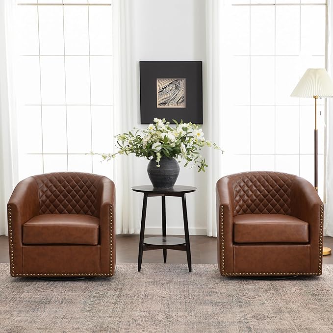 KINWELL 29" Wide Tufted Faux Leather Accent Chairs Set of 2, Small Swivel Barrel Chairs, Modern Round PU Leather Upholstered Armchairs with Nailhead Trim for Living Room Apartment, Brown
