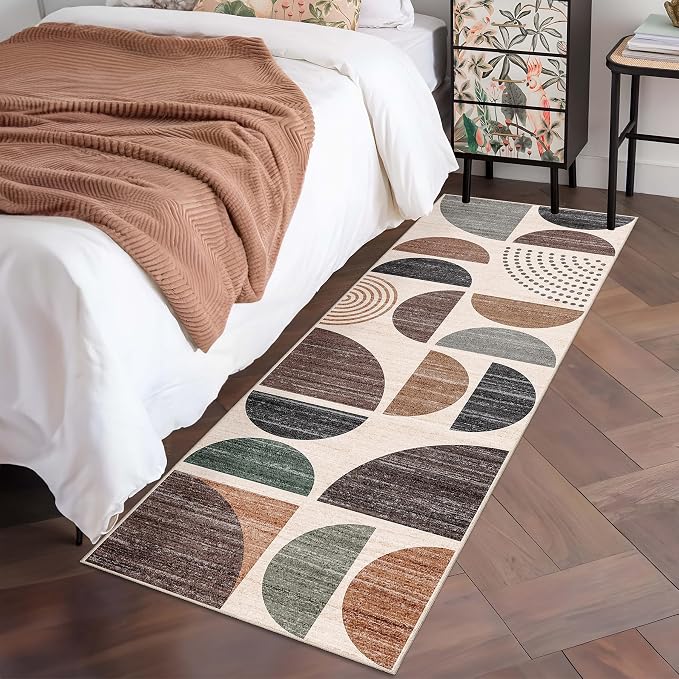 MUJOO Runner Rug Washable,2x6 Area Rugs for Hallways Kitchen Bathroom Bedroom Entryway,Non Slip Carpet Long Mat Indoor,Boho Soft Modern Abstract Brown
