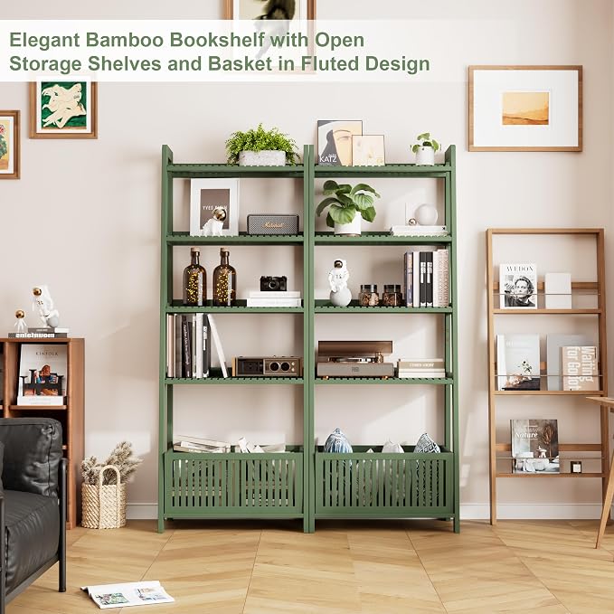 Bamjoy Bamboo Ladder Bookcase, Bookshelf with 4 Display Shelves and 1 Open Storage Basket, Storage Rack Organizer for Home Office, 66” H Forest Green