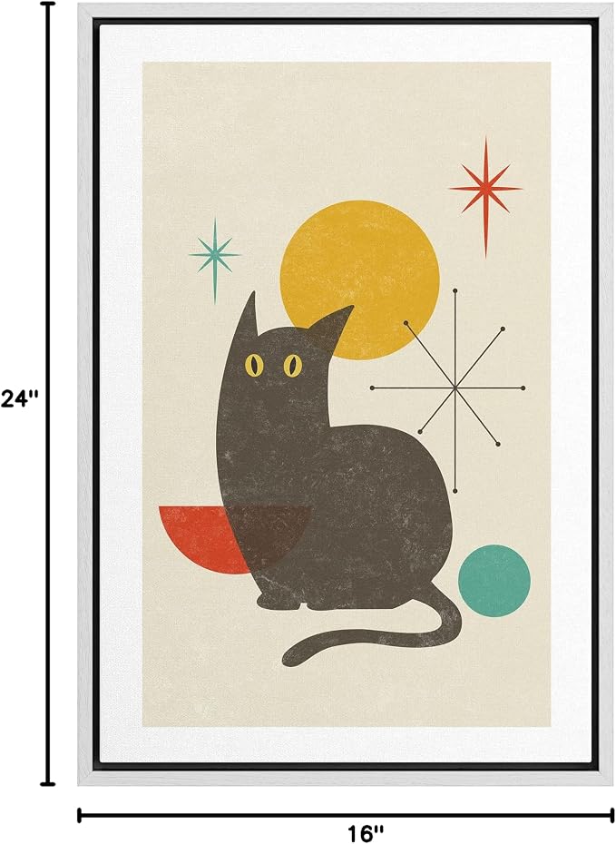 Woodrose Framed Canvas Print Wall Art Retro Vintage Geometric Black Cat Animals Shapes Illustrations Modern Minimalist Chic Relax/Calm Multicolor for Living Room, Bedroom, Office - 16"x24" White