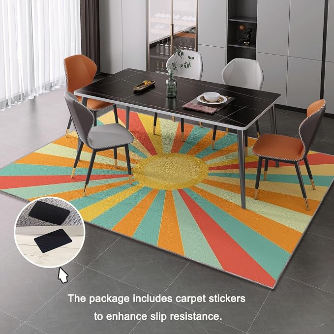 3x4 Washable Area Rug, Colorful Retro Sunburst Stripes Design Non Slip Non-Shedding Rug Easy Care for Living Room Bedroom Kitchen Office Carpet