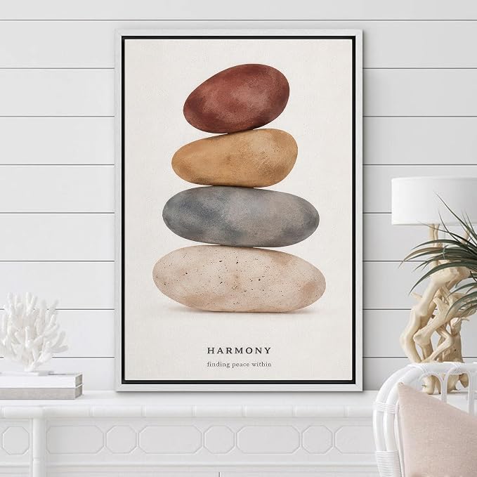 Woodrose Framed Canvas Print Wall Art Zen Balance Stones Harmony Typography Illustrations Modern Art Minimalist 3D Colorful Ultra for Living Room, Bedroom, Office - 16"x24" WHITE