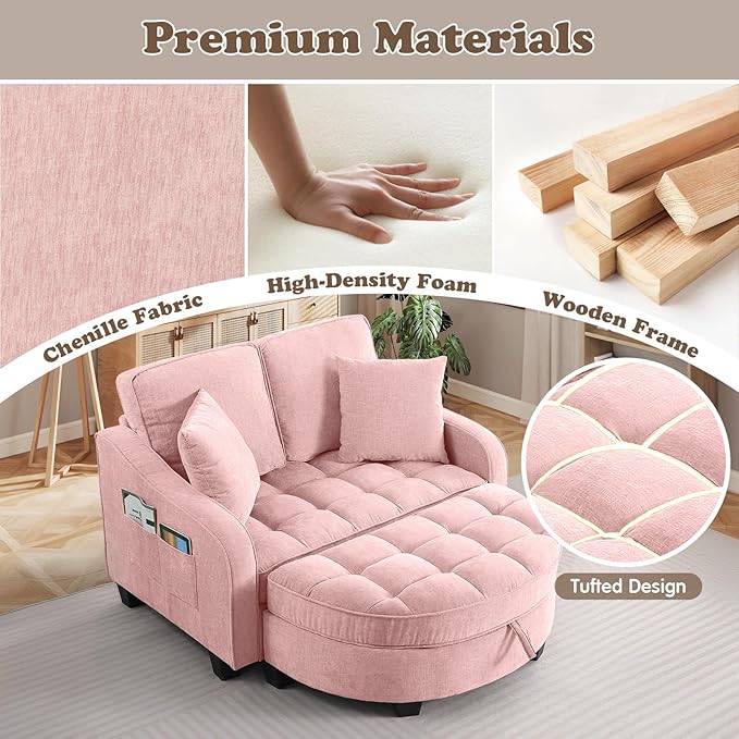 Oversized Chaise Lounge Chair Indoor with Ottoman, Chenille Tufted Comfy Loveseat Sofa Chair with Adjustable Backrest, Fluffy Recliner Sofa, Convertible Sleeper Couch Bed for Living Room(51"W, Pink)