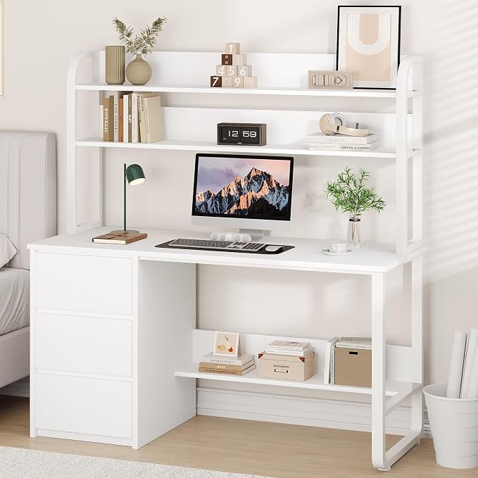 MaverickFurni White Desk with Hutch, 55 Inch Computer Desk with 3 Drawers for Bedroom, Study Writing Desk with Shelves for Small Spaces, Adjustable Feet