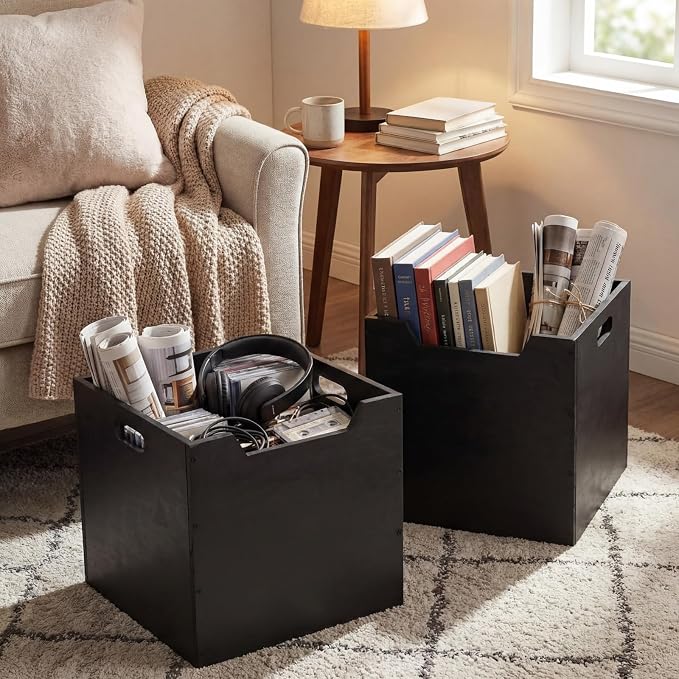 Colingmill 2 Pack Wooden Storage Box Bins Wood Crate with Open Front Stackable Cube Storage Organizer Bins for Books Records Home Pantry Clothes Toy Closet (13 Inch,Black)