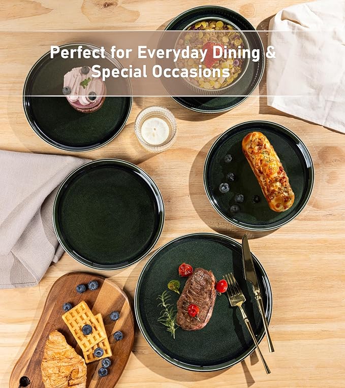 GBHOME 12-Piece Stoneware Dinnerware Set for 4 – Ribbed Ceramic Plates and Bowls, Scratch-Resistant, Microwave & Dishwasher Safe, Reactive Glaze, Mossed Jade