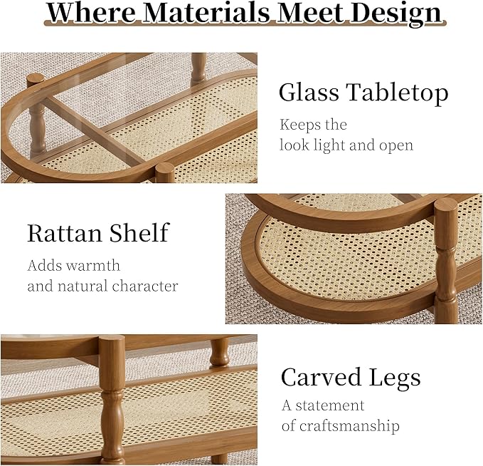 Rattan Coffee Table, Oval Cocktail Table with Glass Top and Solid Wood Frame, Boho Indoor & Outdoor Coffee Table, Brown, 48 in