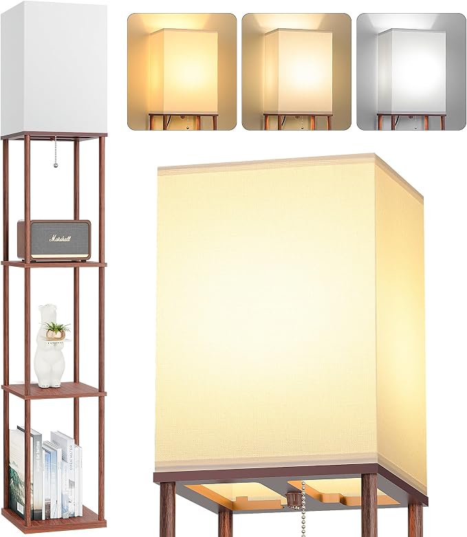 FOLKSMATE Floor Lamp with Shelves, 3-Tier Modern Square Bookshelf Floor Lamp, 3 Color Temperature Bulb Included, Floor Lamps for Living Room Bedroom Corner - Brown