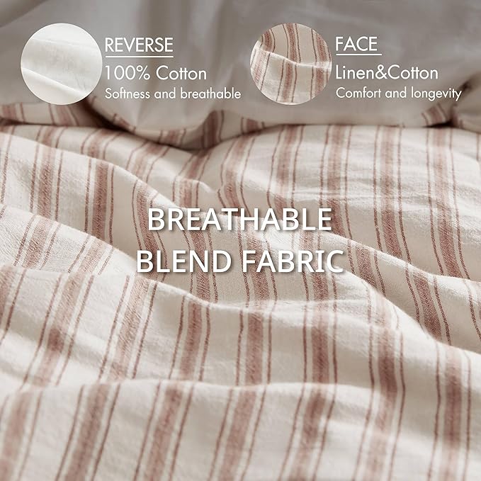 Madison Park Duvet Cover Set for Hot Sleepers - Linen Cotton Rayon Blend, Cal King Size 3 Piece Set with Shams - Lightweight & Breathable Bedding, Terracotta Striped Design
