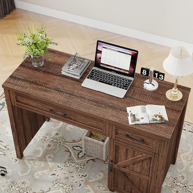 Vabches Farmhouse 47" Executive Desk, Computer Desk with Drawers and Storage Cabinet, Workstation Computer Desk for Home Office, Study.Red-Brown