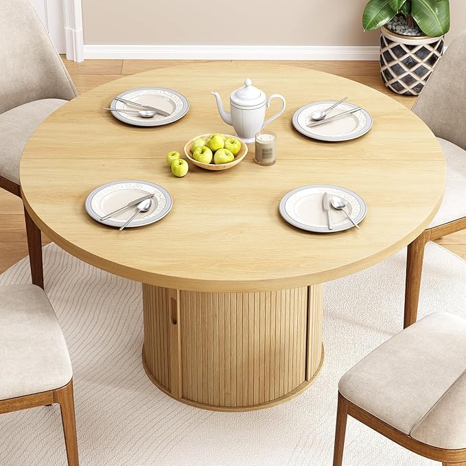 47 inch Round Dining Table for 4, Circle Kitchen Table with 2-Layer Storage Shelf and a Drawer, Modern Farmhouse Dinner Tables with Sliding Door and Wood Strip Base for Kitchen, Living Room (Oak)