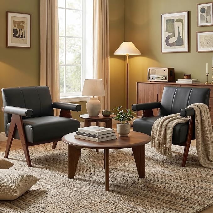 AODAILIHB Mid Century Modern Accent Chairs Set of 2, Solid Wood Frame Black Leather Armchairs, Modern Reading & Living Room Chairs for Office Guest & Waiting Room