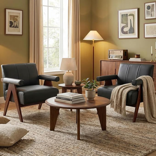 AODAILIHB Mid Century Modern Accent Chairs Set of 2, Solid Wood Frame Black Leather Armchairs, Modern Reading & Living Room Chairs for Office Guest & Waiting Room