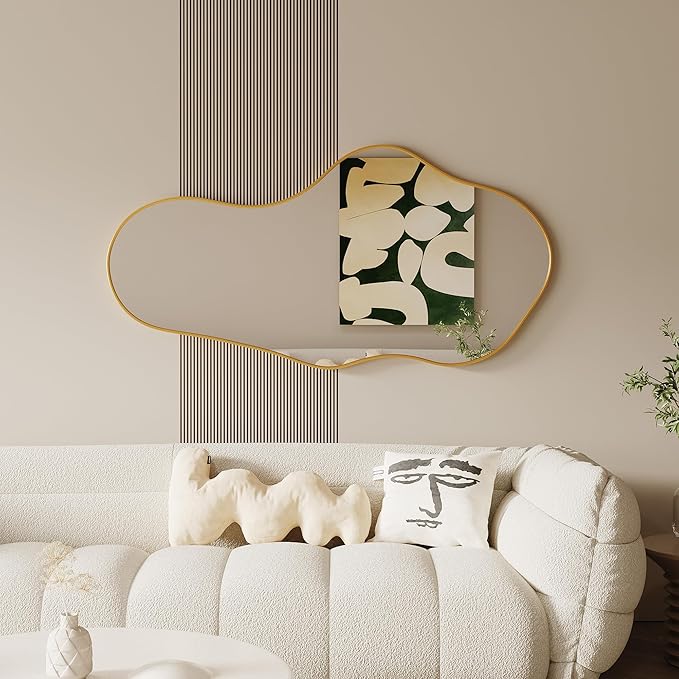 Asymmetrical Wall Mirrors -28''×55'' Irregular Decorative Aluminum Alloy Framed Mirror Artistic Cloud Mirrors Wavy Mirror for Bathroom, Bedroom, Living Room, Cloakroom（Gold）