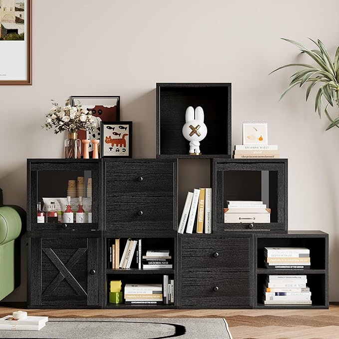 FUSUNBAO Magic DIY Cube Storage Organizer Stackable Cubes for Home Books Clothes Toy-Modular Cubby Storage System-Office Cubical-Bookcase Closet (Black, General Cube)