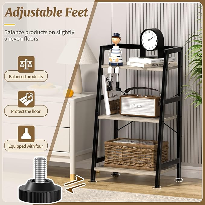 3-Tier Bookshelf, Ladder Shelf, Stand up Shelves, Industrial Bookcase with Steel Frame, Metal Small Bookcase, for Living Room, Home Office, Kitchen, Bedroom, Industrial Style（Greige & Black）