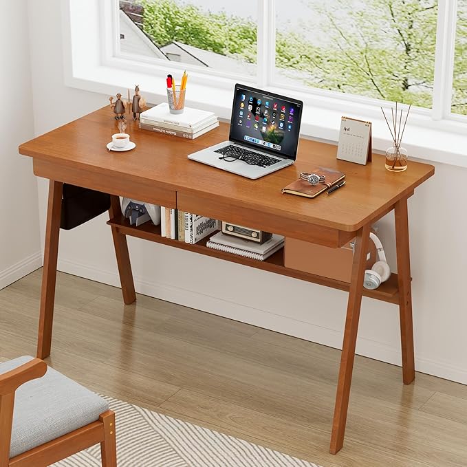 Solid Wood Desk with Drawers - 47.2 Inch Mid Century Modern Desks, Writing Desk with Storage Shelf, Home Office Desks for Bedroom & Home, Walnut Color