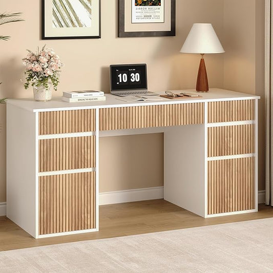 4 EVER WINNER 58 Inch White Desk with Drawers, Home Office Desks with 7 Storage Drawers, Executive Desk with File Cabinet for Bedroom Study Work Table Writing, White and Walnut