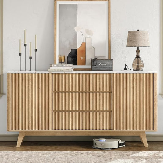 62" W Fluted Buffet Cabinet with Sliding Doors, Modern Sideboard Storage Cabinet with Power Outlet & 3 Drawers, Mid-Century Coffee Bar Table for Living Room, Dinning Room, Natural